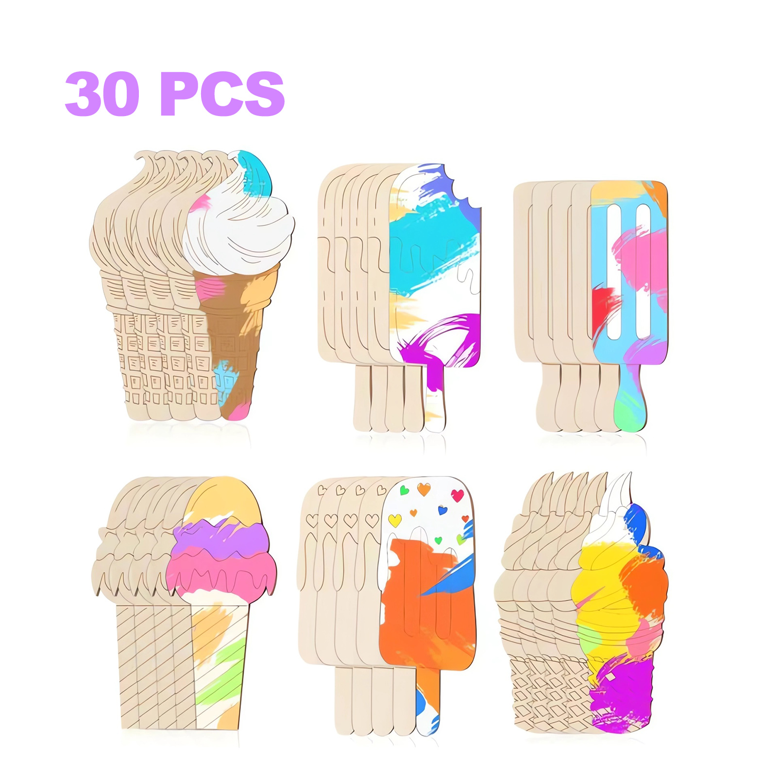 Art Craft Ice Cream - 6/30pcs Ice Cream Wood Cutouts Summer